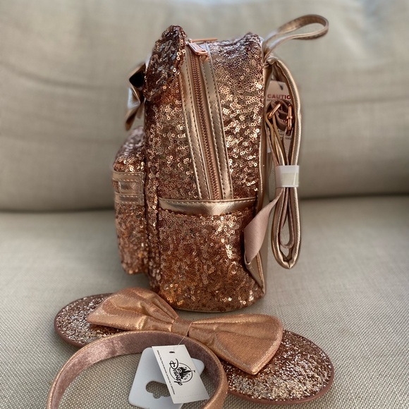 Loungefly mini backpack + Minnie ears rose gold sequin - Picture 3 of 3